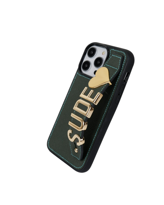 Harfli Haki Yeşil Deri iPhone Kılıf